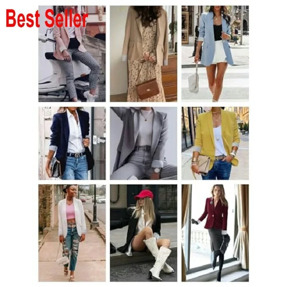 Open Front Blazer Jacket Classic Work Office Casual Long Sleeve with Pockets